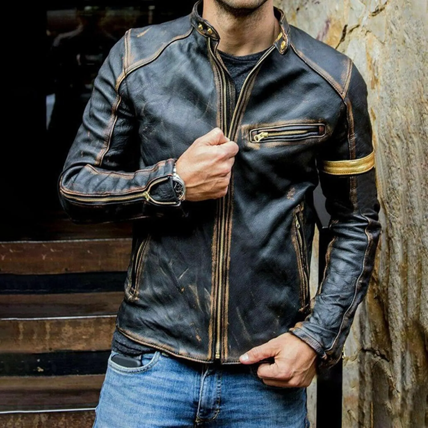 Mens Distressed PU Leather Bomber Jackets Vintage Stand Collar Zip-Up Motorcycle Jackets Steampunk Biker Outwear Coat