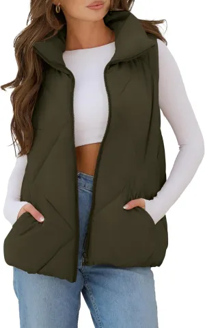 MEROKEETY Womens 2025 Puffer Vest Sleeveless Zip Up Quilted Coat Stand Collar Gilet Jacket With Pockets