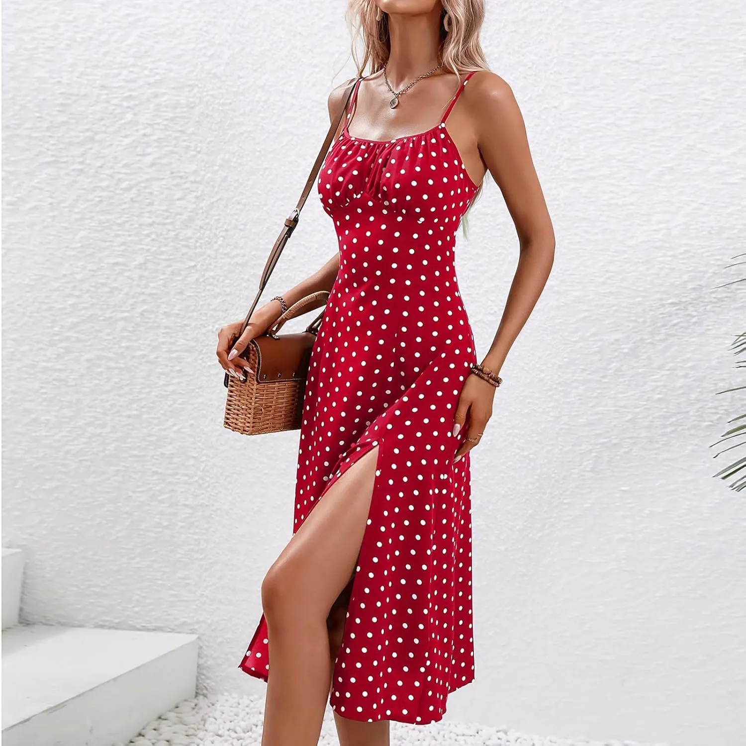 Milkmaid Dress Women Sleeveless Spaghetti Strap Polka Dot Corset Dress with Slit Summer Boho Dresses 2025