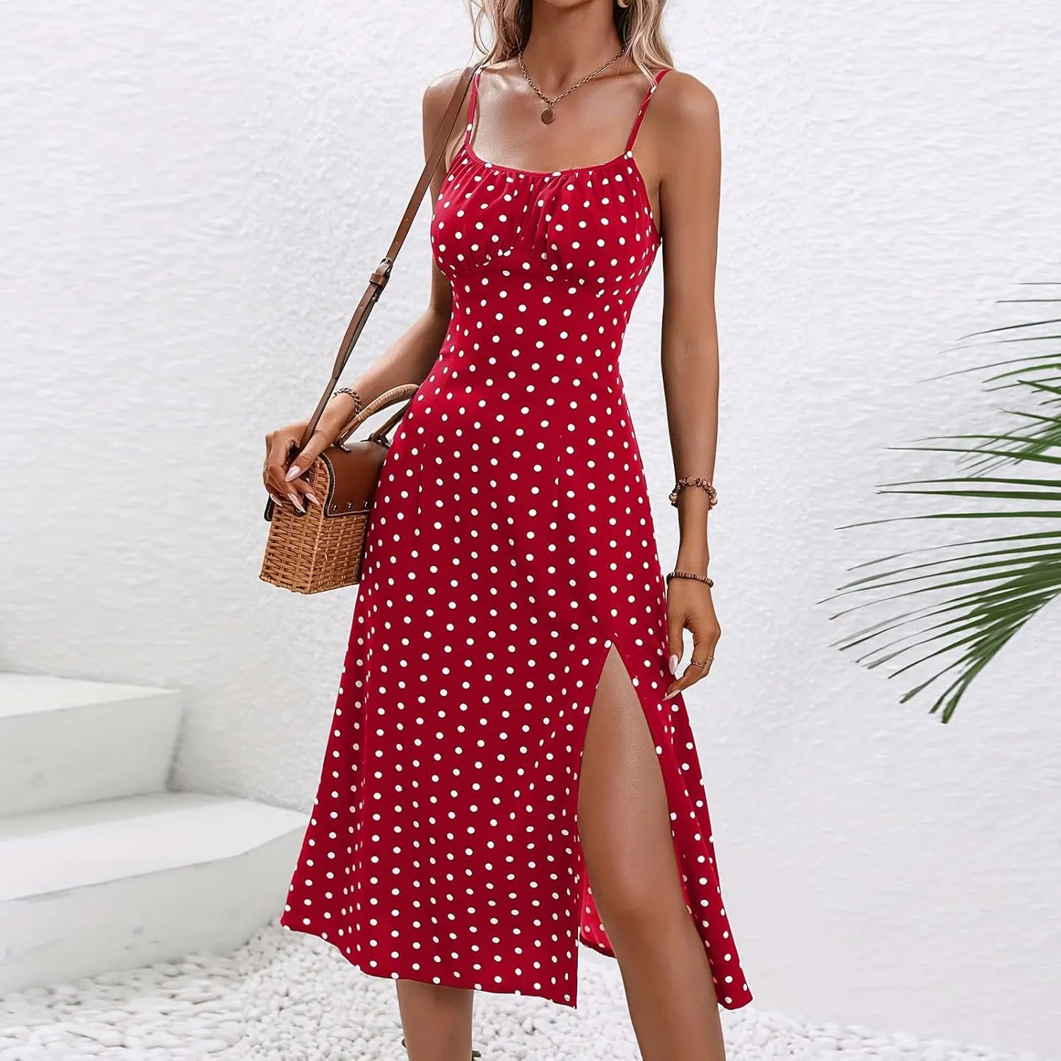 Milkmaid Dress Women Sleeveless Spaghetti Strap Polka Dot Corset Dress with Slit Summer Boho Dresses 2025