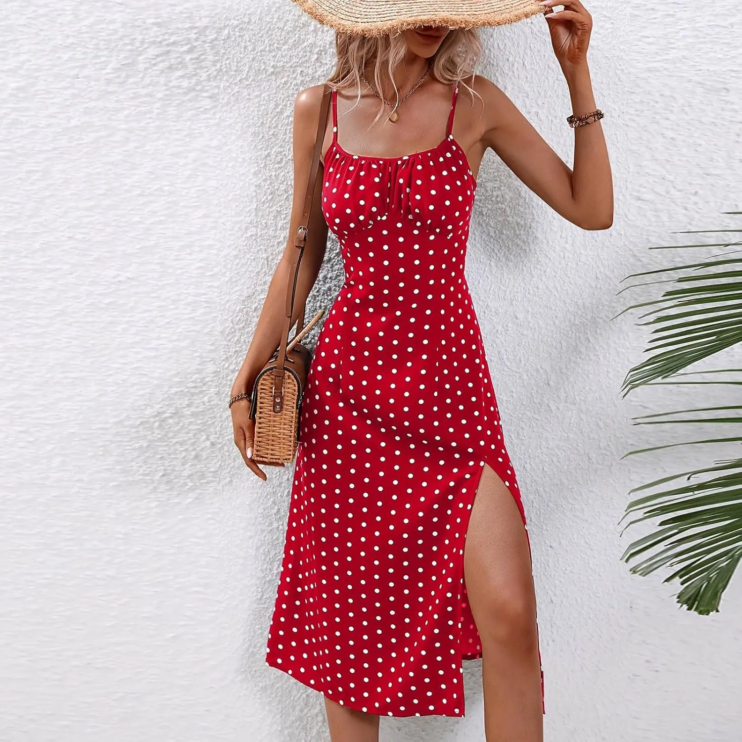 Milkmaid Dress Women Sleeveless Spaghetti Strap Polka Dot Corset Dress with Slit Summer Boho Dresses 2025