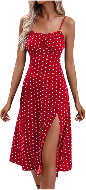 Milkmaid Dress Women Sleeveless Spaghetti Strap Polka Dot Corset Dress with Slit Summer Boho Dresses 2025
