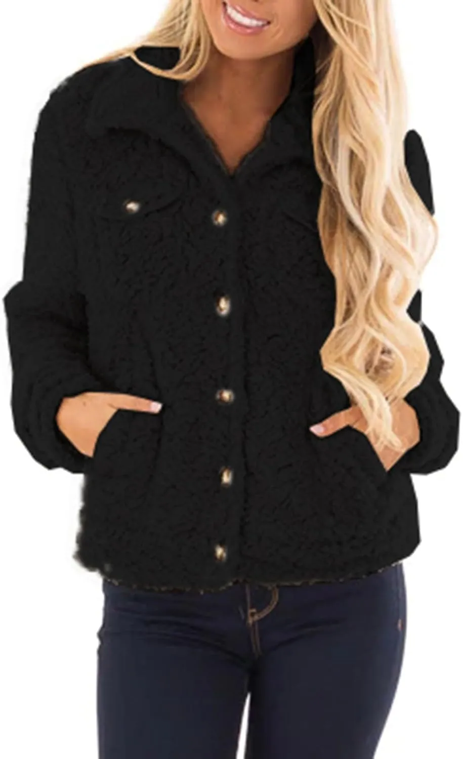 PeQAQ Womens Sherpa Fleece Coats Winter Warm Soft Button Up Woolen Jackets Fuzzy Shacket Plus Size Short Outwear Cardigan