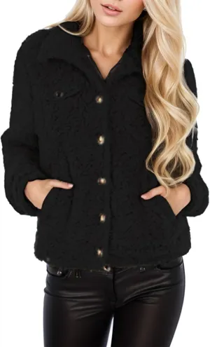 PeQAQ Womens Sherpa Fleece Coats Winter Warm Soft Button Up Woolen Jackets Fuzzy Shacket Plus Size Short Outwear Cardigan