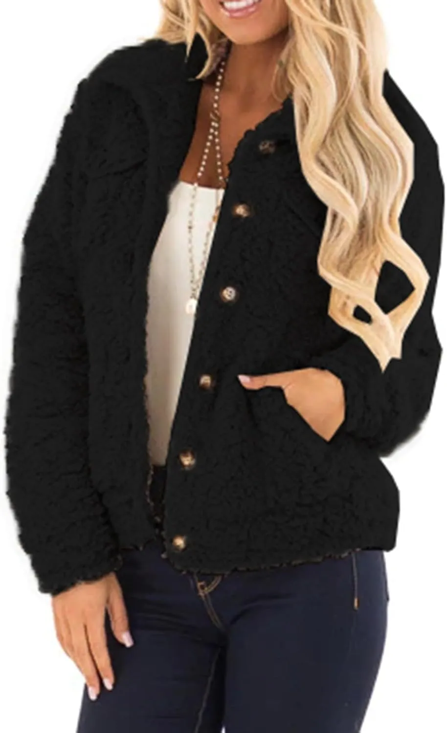 PeQAQ Womens Sherpa Fleece Coats Winter Warm Soft Button Up Woolen Jackets Fuzzy Shacket Plus Size Short Outwear Cardigan