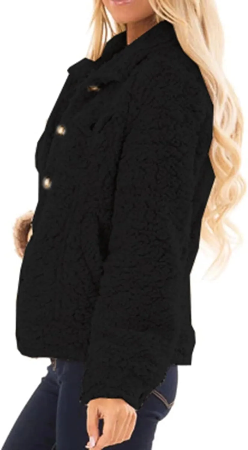 PeQAQ Womens Sherpa Fleece Coats Winter Warm Soft Button Up Woolen Jackets Fuzzy Shacket Plus Size Short Outwear Cardigan