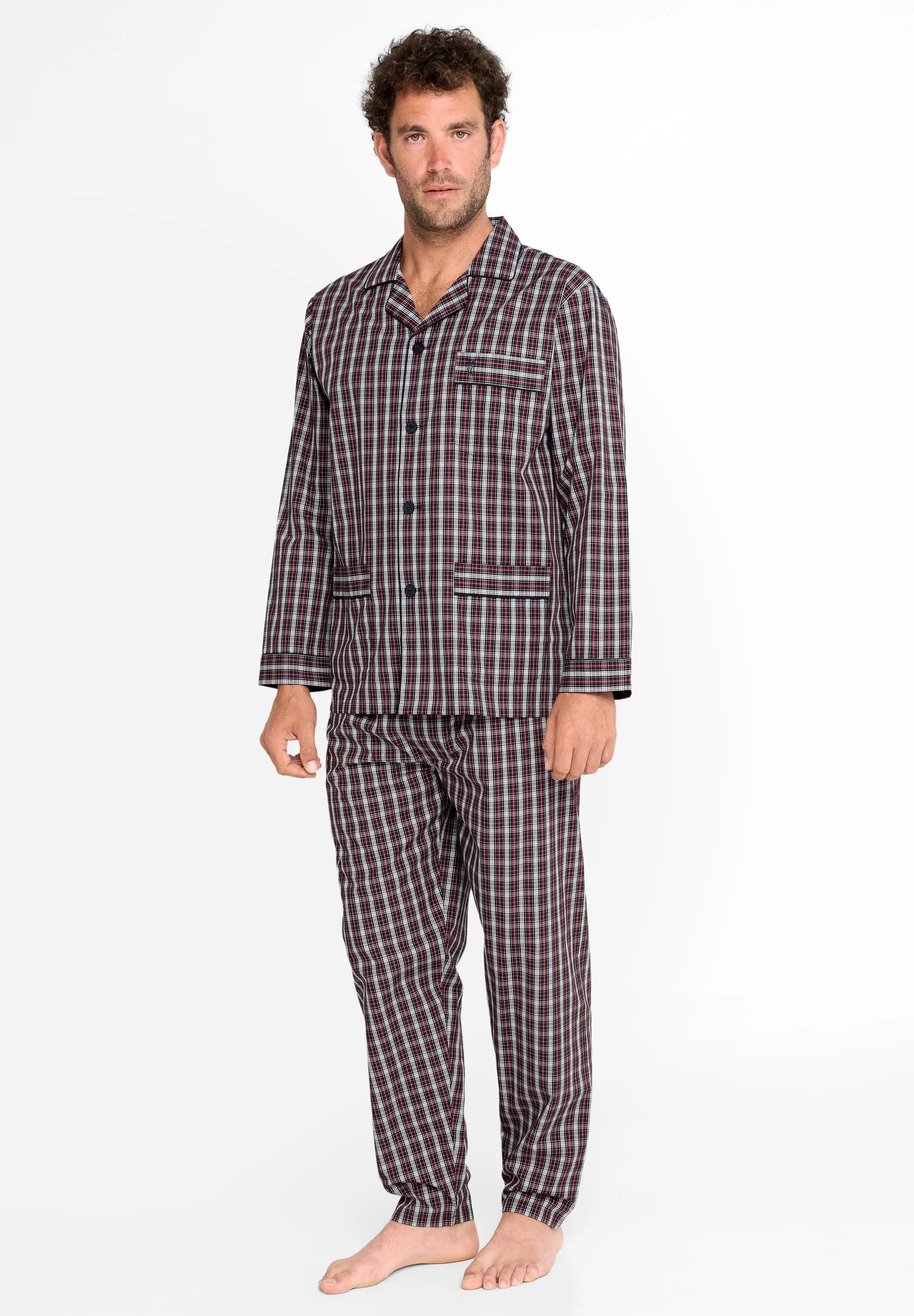 Pijama Hombre Largo Solapa Algodón Popelín Cuadros - Rojo 2979_90