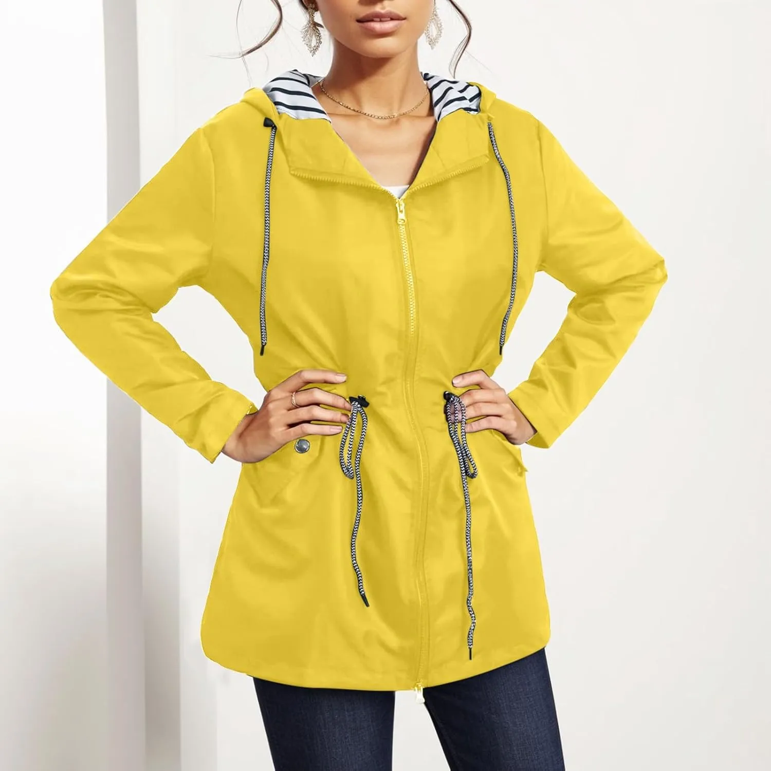 Rain Coats Women 2024 Trendy Windbreaker Jackets Waterproof Outerwear Overcoat Lightweight Outdoor Hooded Trench Coat