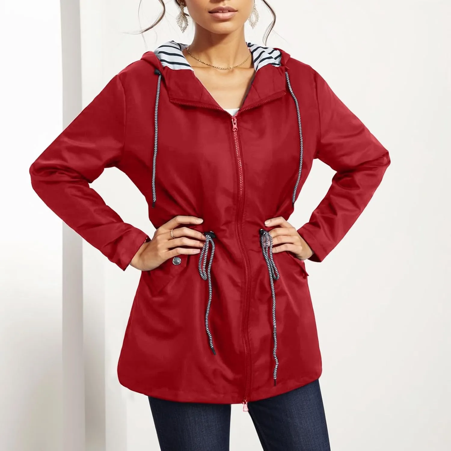Rain Coats Women 2024 Trendy Windbreaker Jackets Waterproof Outerwear Overcoat Lightweight Outdoor Hooded Trench Coat
