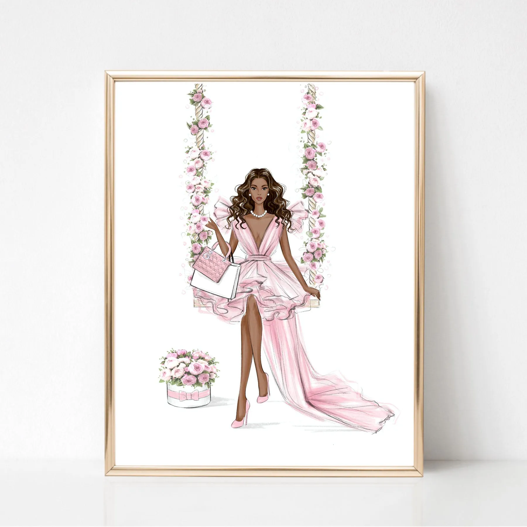 Romantic girl on floral swing art print fashion illustration