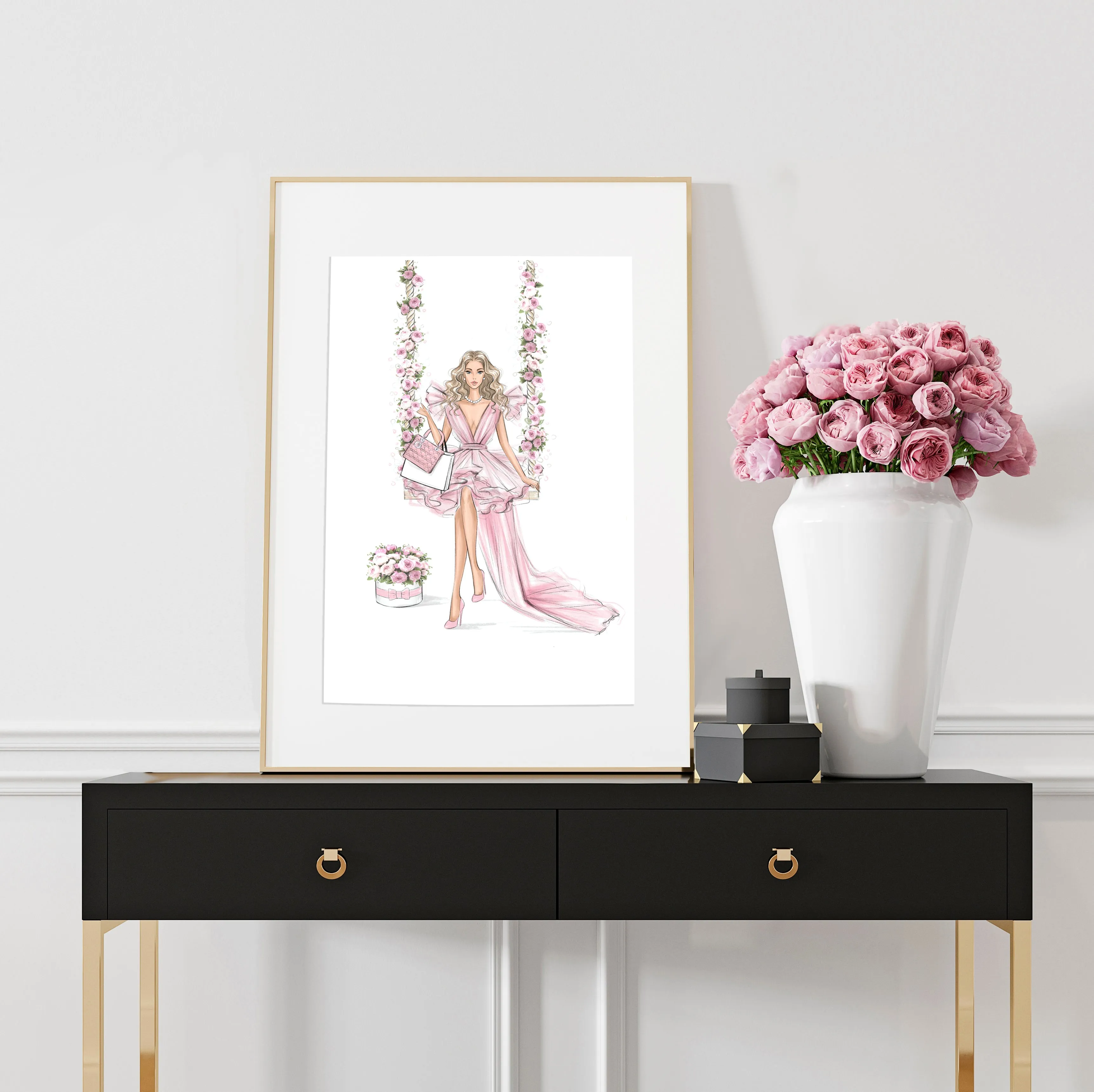 Romantic girl on floral swing art print fashion illustration