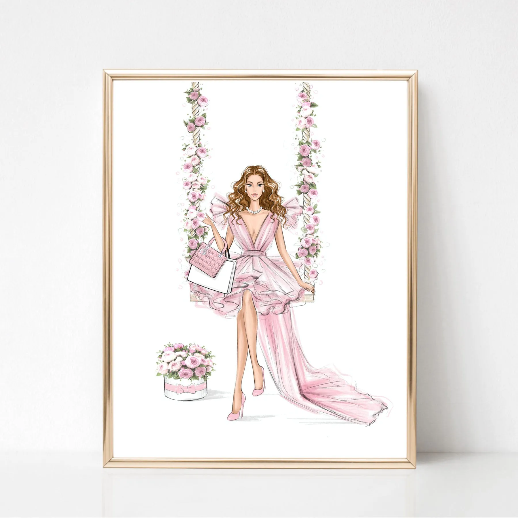 Romantic girl on floral swing art print fashion illustration