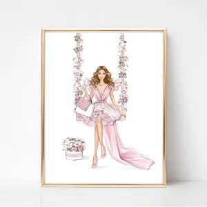 Romantic girl on floral swing art print fashion illustration
