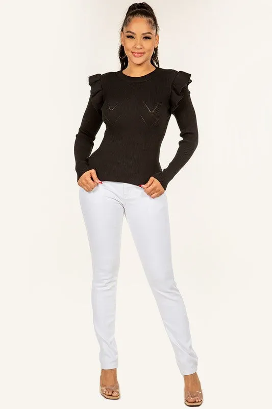 ROUND NECK RUFFLES SWEATER
