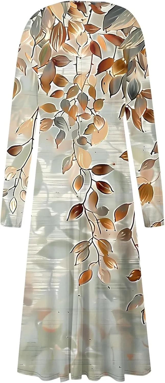 Spring Dresses for Women 2025 Long Sleeve Casual V Neck Loose Flowy Maxi Sundress Holiday A Line Dress Resort Wear