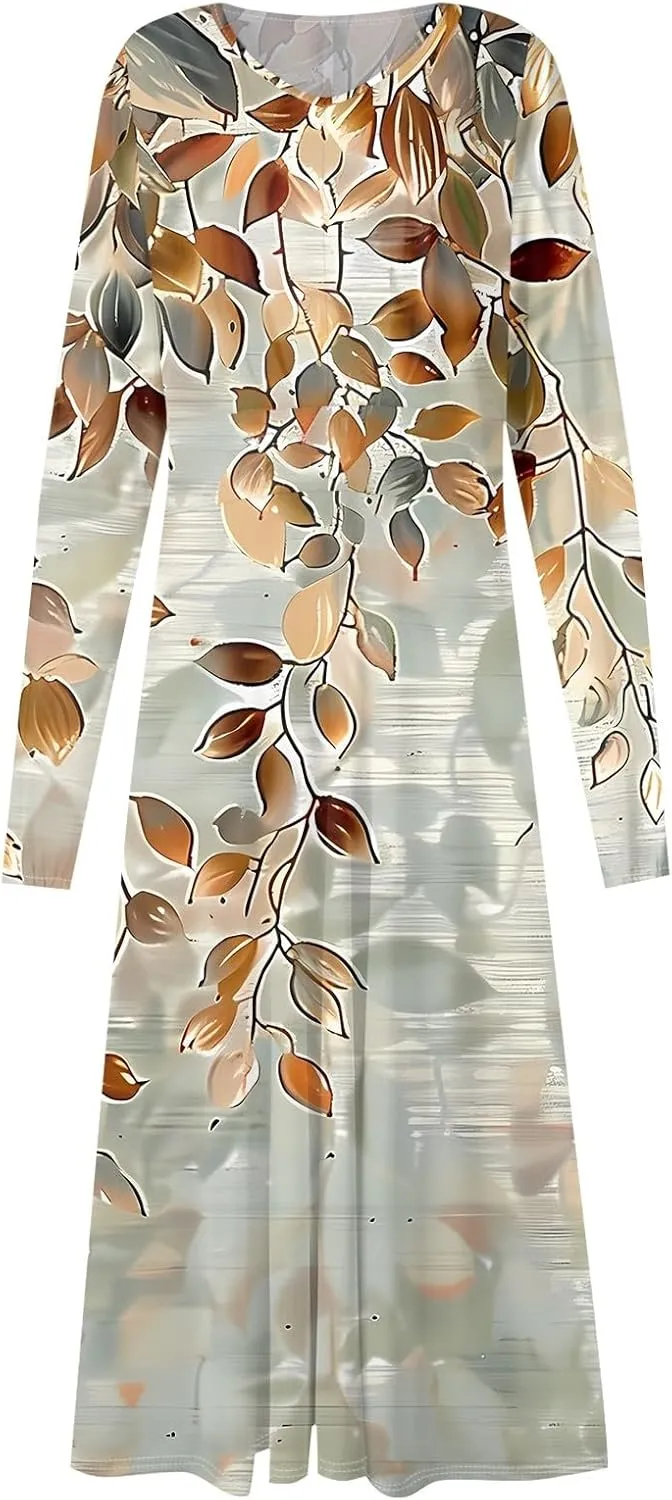 Spring Dresses for Women 2025 Long Sleeve Casual V Neck Loose Flowy Maxi Sundress Holiday A Line Dress Resort Wear