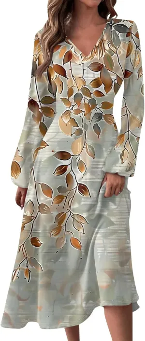 Spring Dresses for Women 2025 Long Sleeve Casual V Neck Loose Flowy Maxi Sundress Holiday A Line Dress Resort Wear