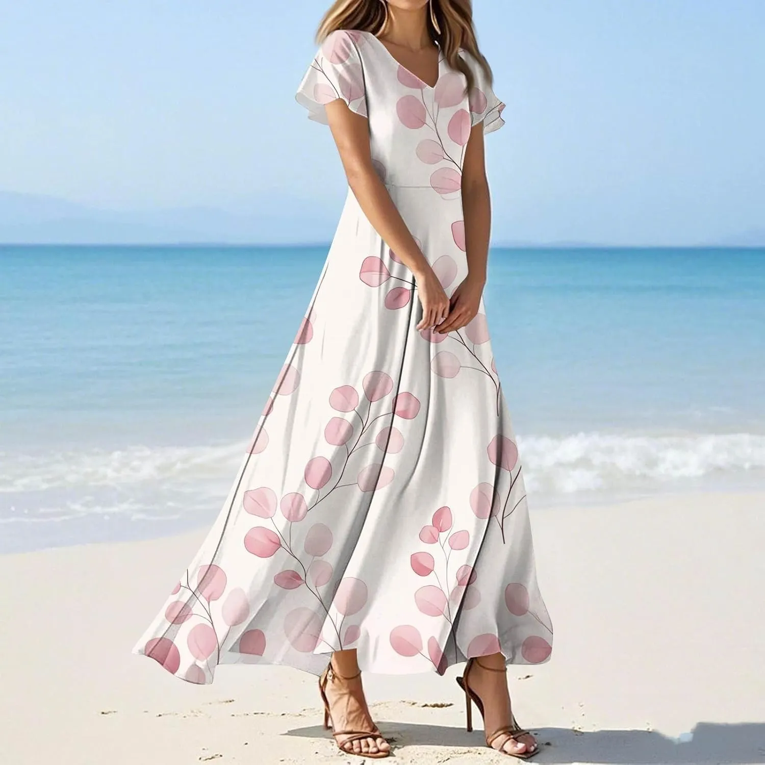 Summer Dresses for Women 2025 Elegant Classy Flowy Ruffle Swing V Neck A Line Dress Casual Boho Long Maxi Sundresses