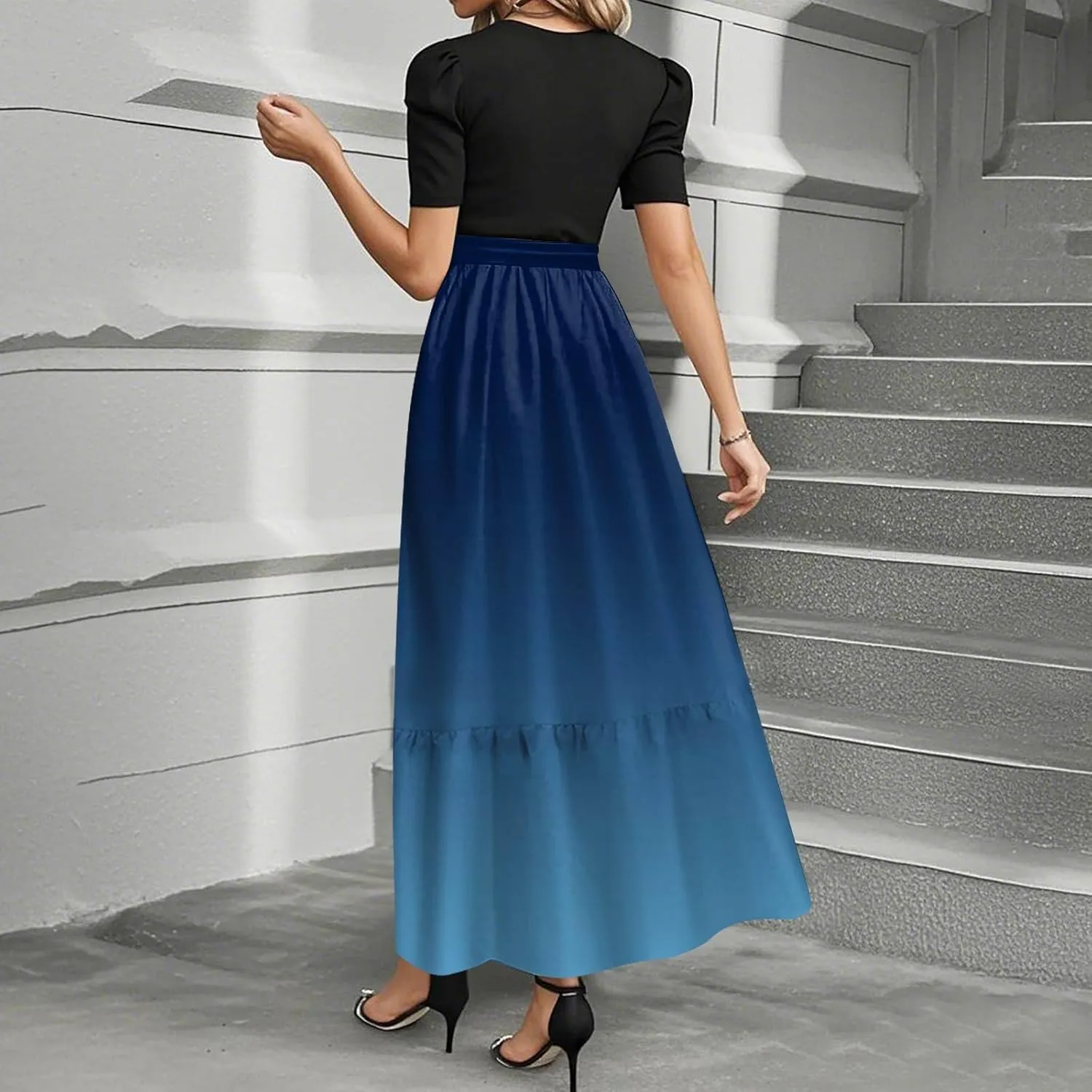 Summer Dresses for Women Floral Print Flowy Dress Patchwork Empire Waist Short Sleeve Dress Tie Belted Maxi Dress