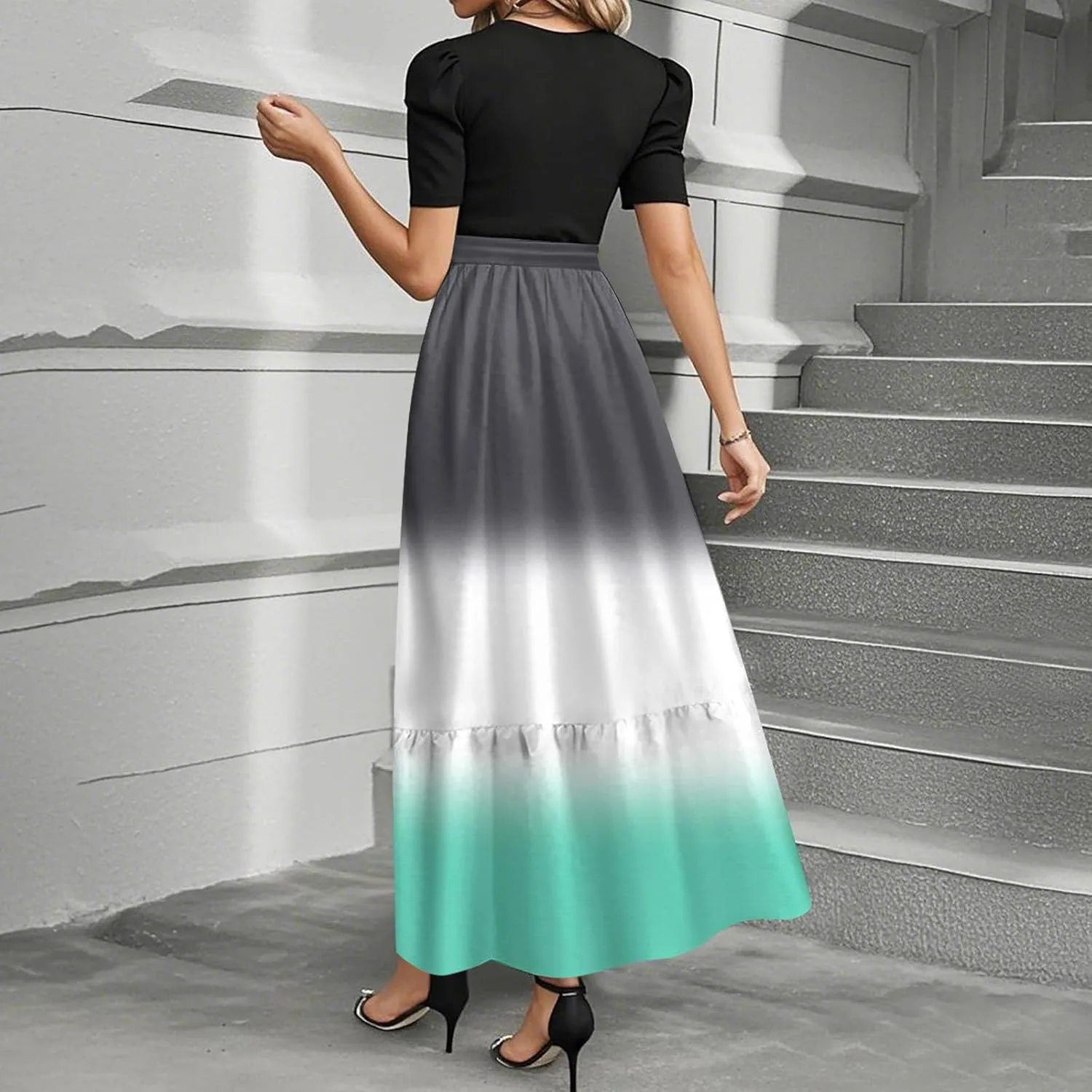 Summer Dresses for Women Floral Print Flowy Dress Patchwork Empire Waist Short Sleeve Dress Tie Belted Maxi Dress