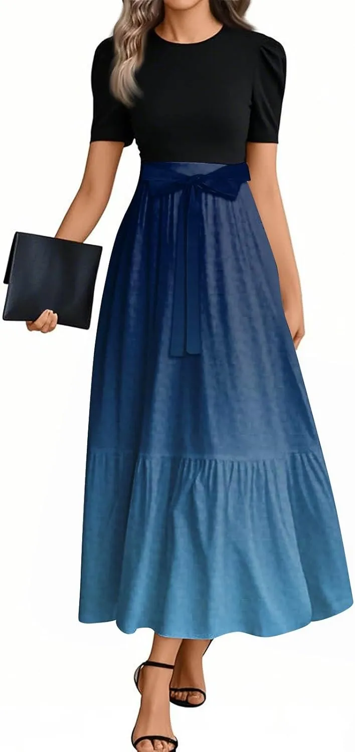 Summer Dresses for Women Floral Print Flowy Dress Patchwork Empire Waist Short Sleeve Dress Tie Belted Maxi Dress