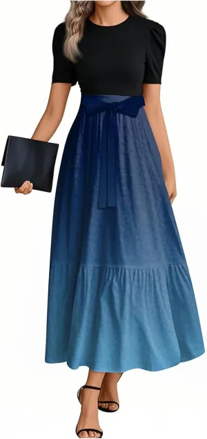 Summer Dresses for Women Floral Print Flowy Dress Patchwork Empire Waist Short Sleeve Dress Tie Belted Maxi Dress