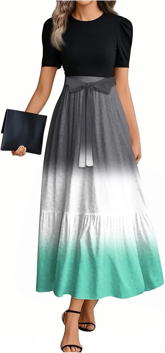Summer Dresses for Women Floral Print Flowy Dress Patchwork Empire Waist Short Sleeve Dress Tie Belted Maxi Dress