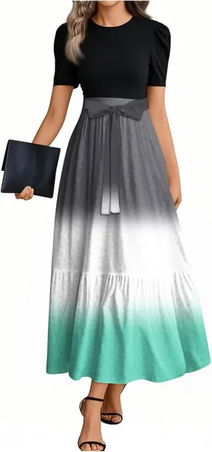 Summer Dresses for Women Floral Print Flowy Dress Patchwork Empire Waist Short Sleeve Dress Tie Belted Maxi Dress