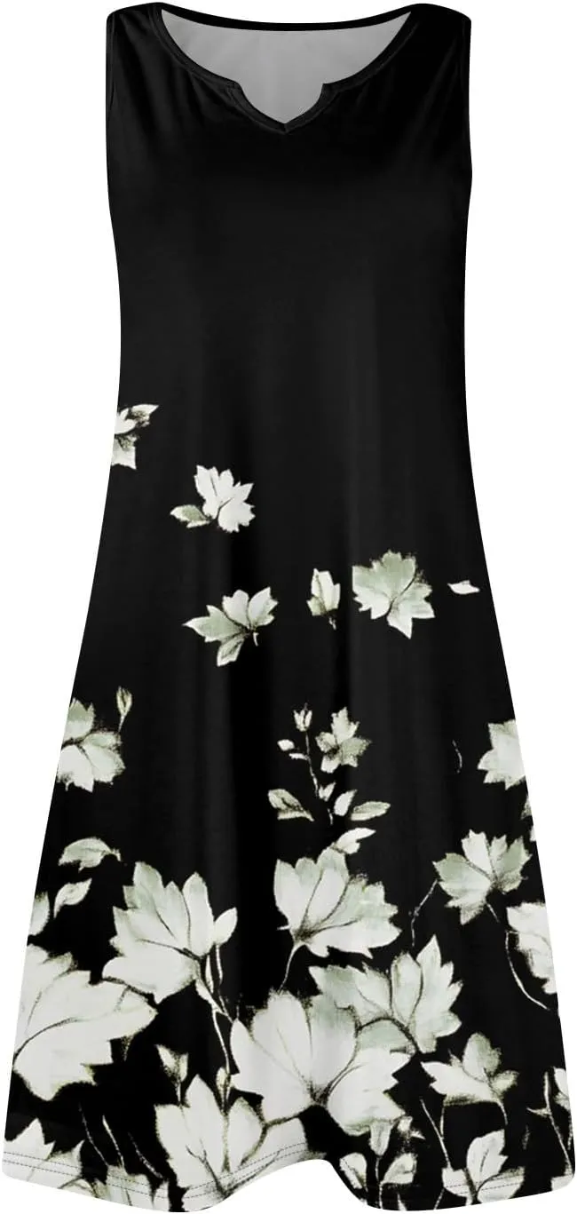 Summer Dresses for Women V-Neck Sleep Dress Casual Beach Tank Dress Sleeveless Sundresses Loose Floral T Shirt Dresses