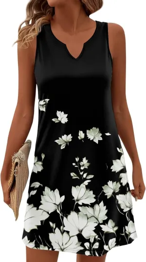 Summer Dresses for Women V-Neck Sleep Dress Casual Beach Tank Dress Sleeveless Sundresses Loose Floral T Shirt Dresses