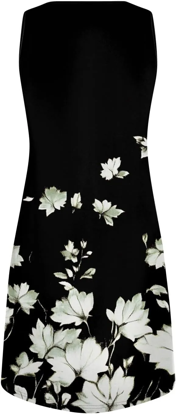 Summer Dresses for Women V-Neck Sleep Dress Casual Beach Tank Dress Sleeveless Sundresses Loose Floral T Shirt Dresses