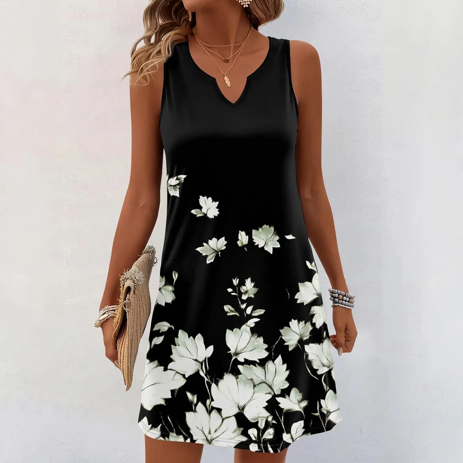 Summer Dresses for Women V-Neck Sleep Dress Casual Beach Tank Dress Sleeveless Sundresses Loose Floral T Shirt Dresses