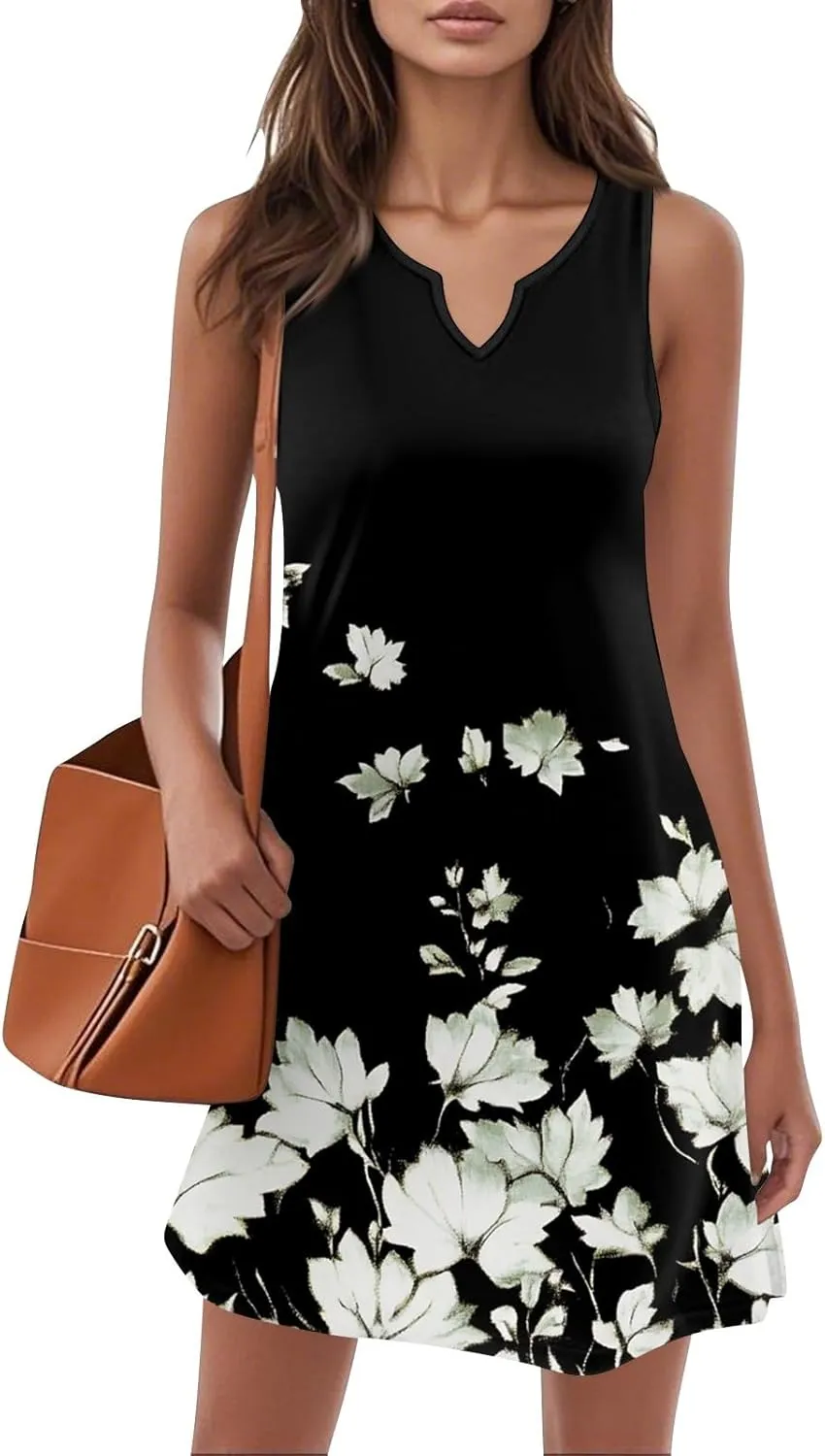 Summer Dresses for Women V-Neck Sleep Dress Casual Beach Tank Dress Sleeveless Sundresses Loose Floral T Shirt Dresses