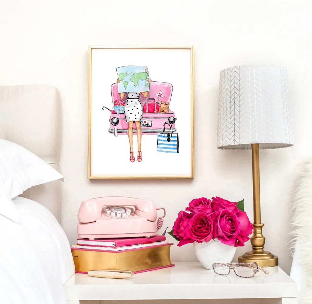 Watercolor art print fashion illustration of girl travelling by pink car