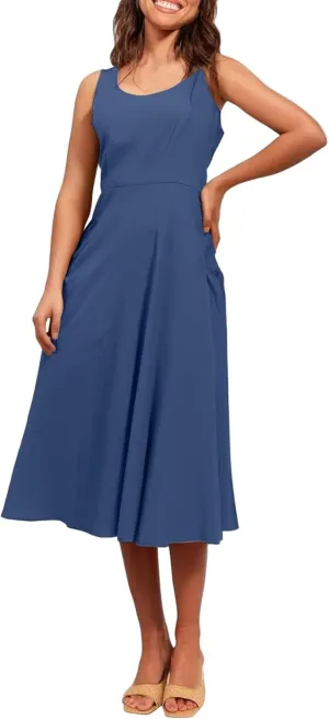 Women Summer Dresses Spaghetti Strap Sleeveless Linen Overall Dress Casual A-Line Midi Long Beach Dress with Pocket