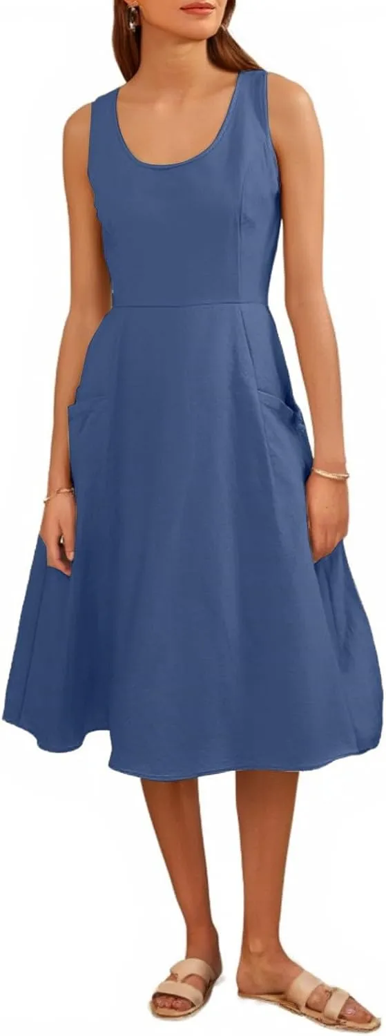 Women Summer Dresses Spaghetti Strap Sleeveless Linen Overall Dress Casual A-Line Midi Long Beach Dress with Pocket