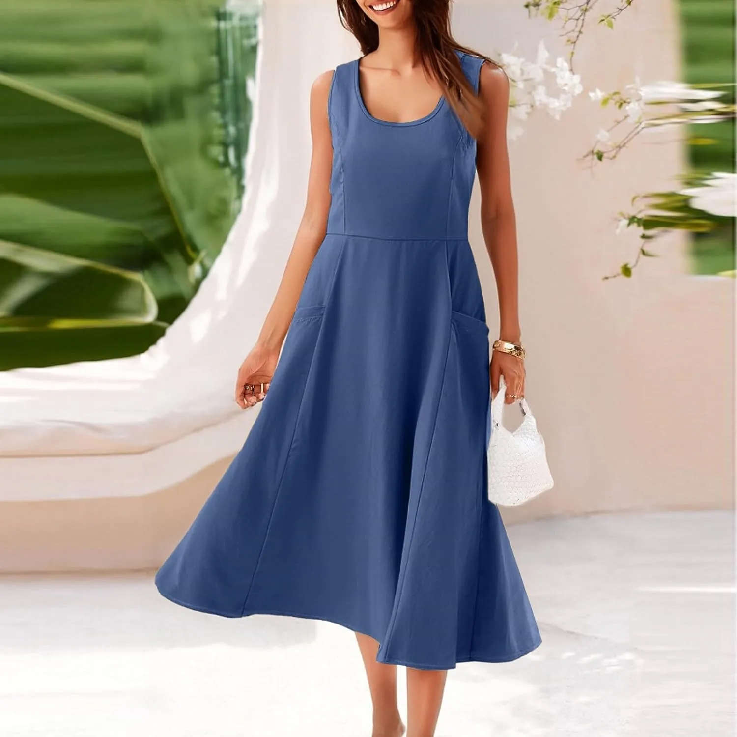 Women Summer Dresses Spaghetti Strap Sleeveless Linen Overall Dress Casual A-Line Midi Long Beach Dress with Pocket