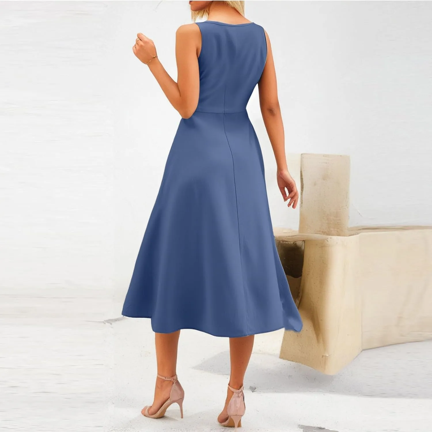 Women Summer Dresses Spaghetti Strap Sleeveless Linen Overall Dress Casual A-Line Midi Long Beach Dress with Pocket