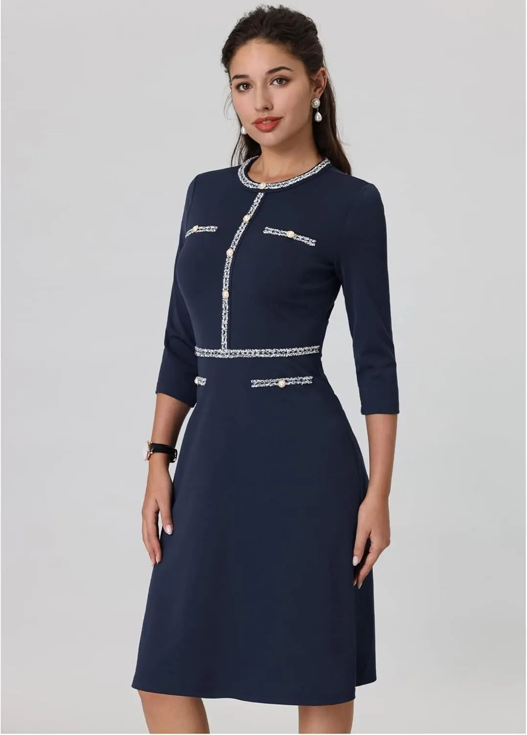 Women's 3/4 Sleeve Elegant A-Line Office Tweed Church Dresses