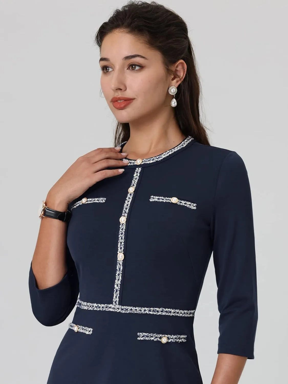 Women's 3/4 Sleeve Elegant A-Line Office Tweed Church Dresses