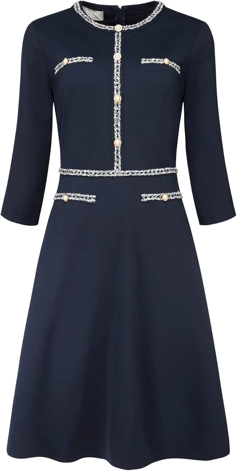 Women's 3/4 Sleeve Elegant A-Line Office Tweed Church Dresses