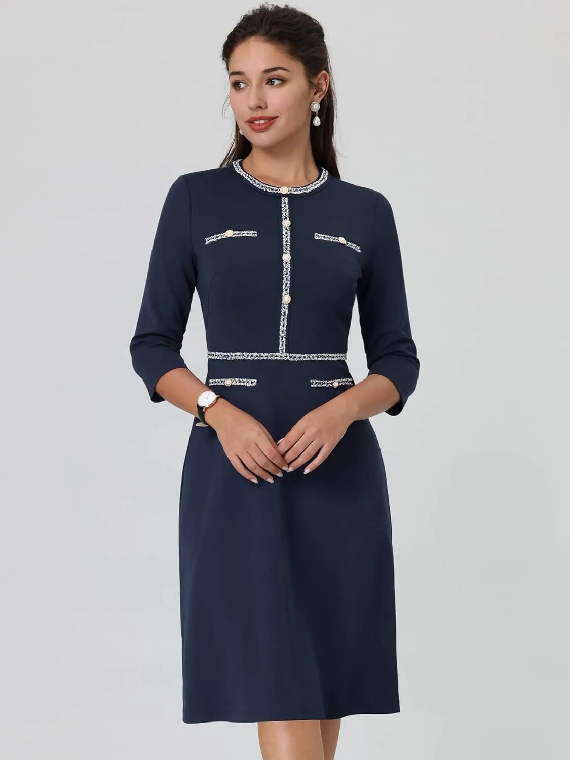 Women's 3/4 Sleeve Elegant A-Line Office Tweed Church Dresses