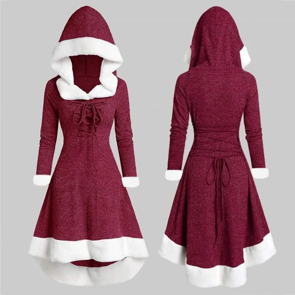 Womens Christmas Snowflake Elk Hooded High Low Flounce Hem Knit Dress Cloak Plush Patchwork Vintage Dress