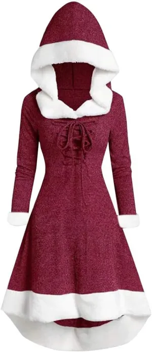 Womens Christmas Snowflake Elk Hooded High Low Flounce Hem Knit Dress Cloak Plush Patchwork Vintage Dress