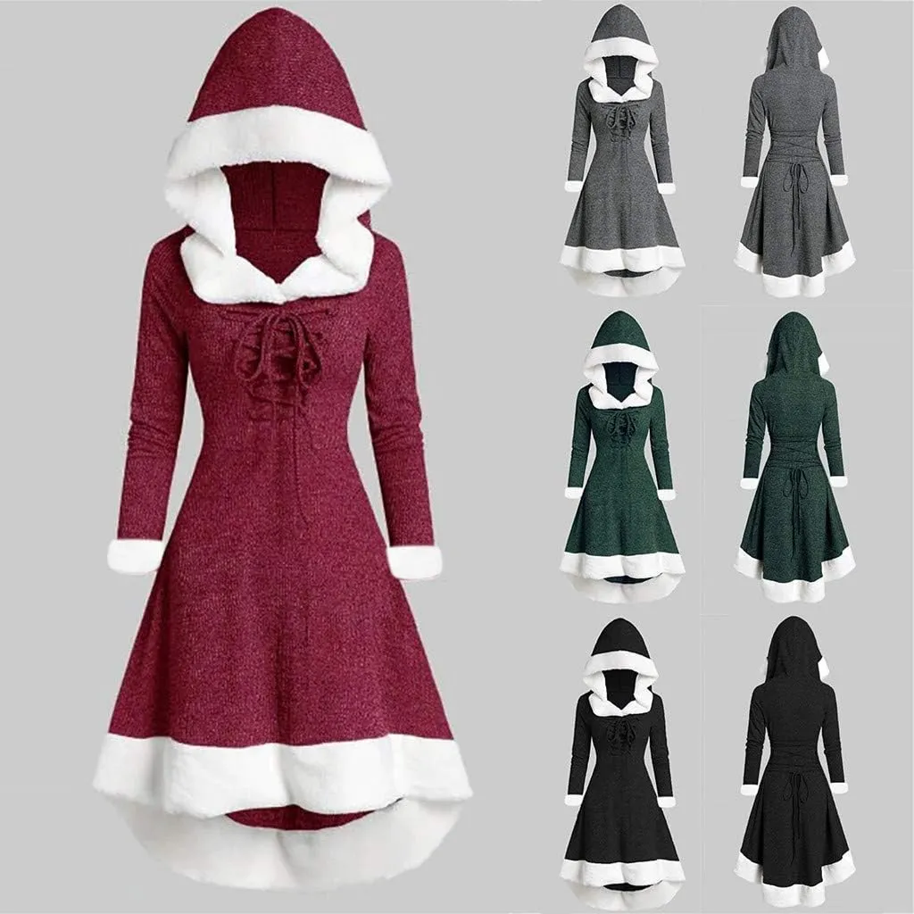 Womens Christmas Snowflake Elk Hooded High Low Flounce Hem Knit Dress Cloak Plush Patchwork Vintage Dress
