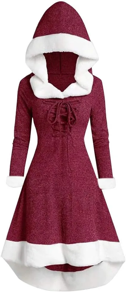 Womens Christmas Snowflake Elk Hooded High Low Flounce Hem Knit Dress Cloak Plush Patchwork Vintage Dress