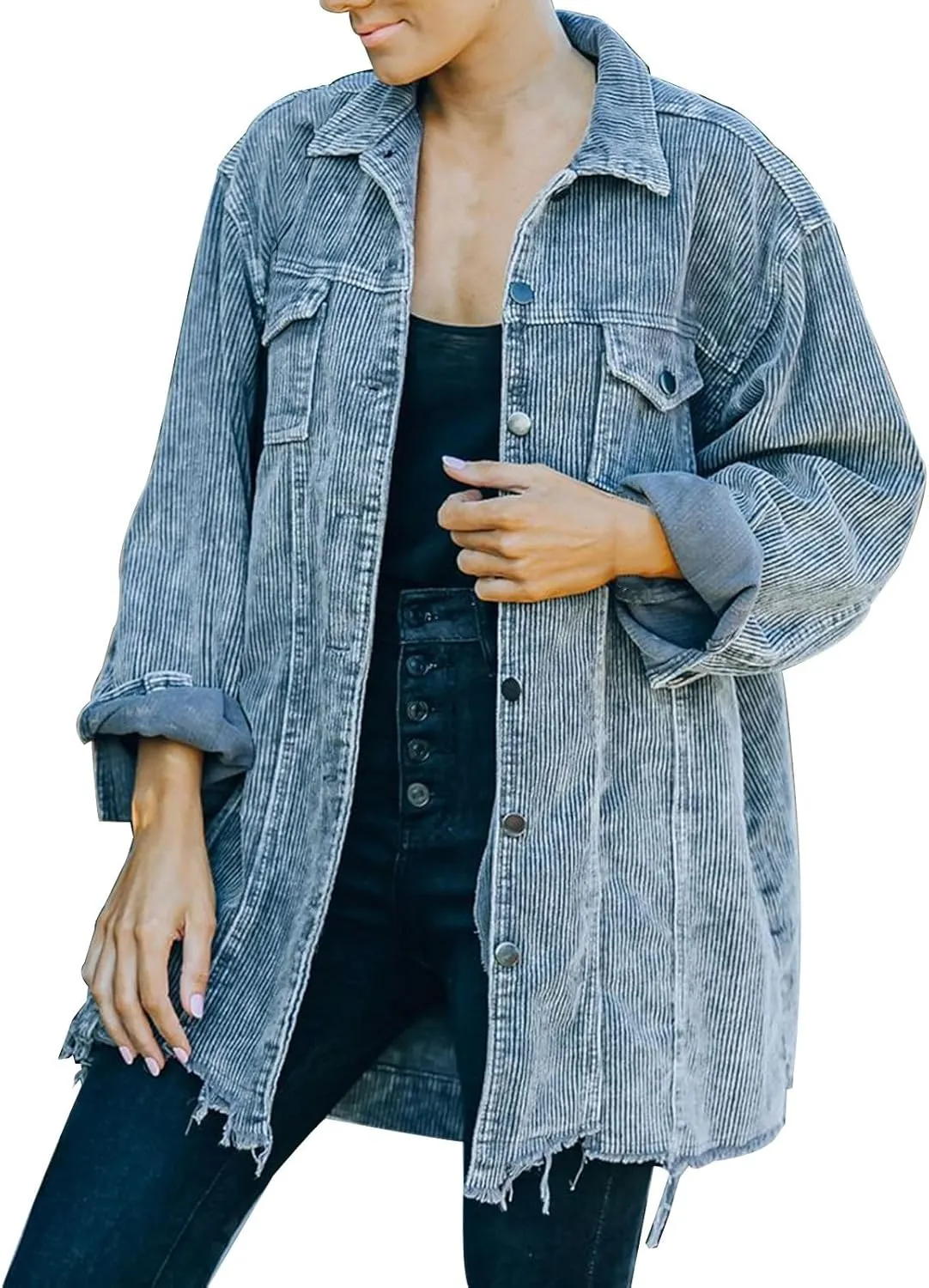 Womens Corduroy Shacket Jacket 2024 Fall Long Sleeve Button Down Shirt Jackets Trendy Distressed Retr Coat with Pockets