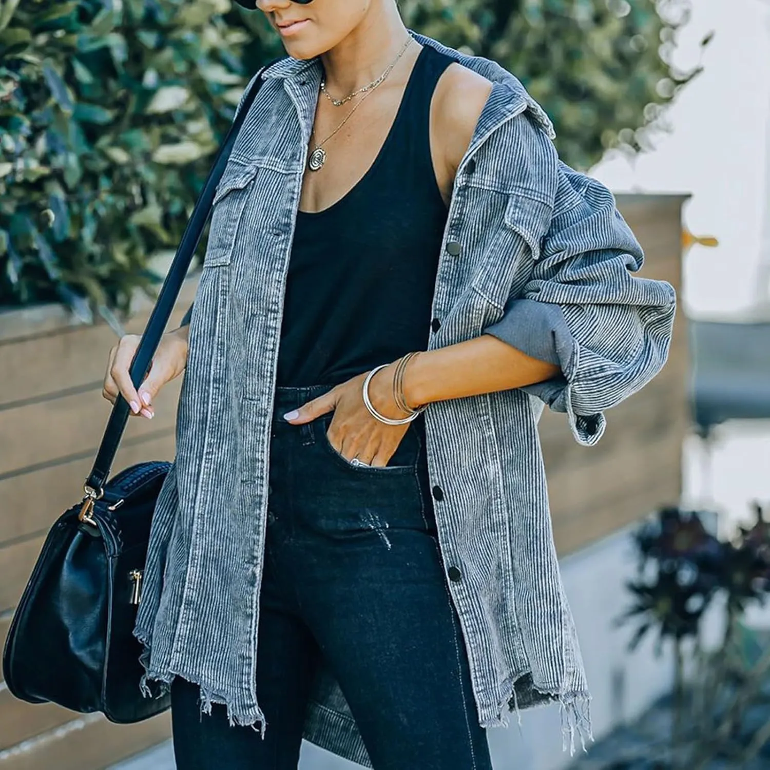 Womens Corduroy Shacket Jacket 2024 Fall Long Sleeve Button Down Shirt Jackets Trendy Distressed Retr Coat with Pockets