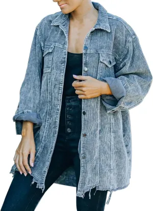 Womens Corduroy Shacket Jacket 2024 Fall Long Sleeve Button Down Shirt Jackets Trendy Distressed Retr Coat with Pockets