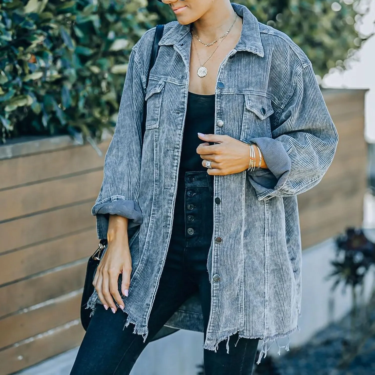 Womens Corduroy Shacket Jacket 2024 Fall Long Sleeve Button Down Shirt Jackets Trendy Distressed Retr Coat with Pockets